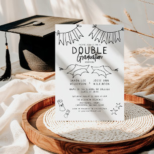 Invitation Double Graduation du Doodle Noir tendance