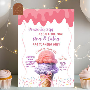 Invitation Double la crème glacée Scoop Twins Anniversaire