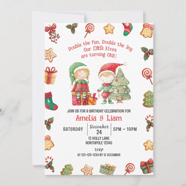 Invitation Double le plaisir, elves Christmas Twins 1er anniv (Devant)