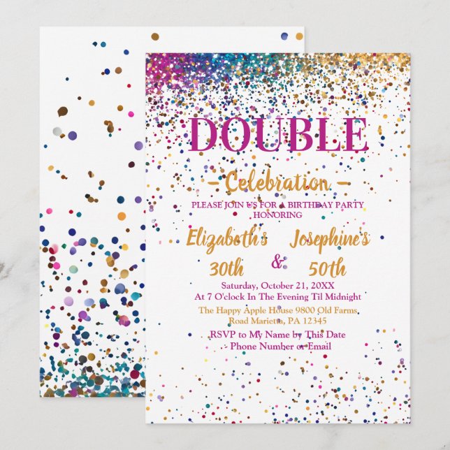 Invitation Double mixte adulte coloré fête d'anniversaire (Devant / Derrière)