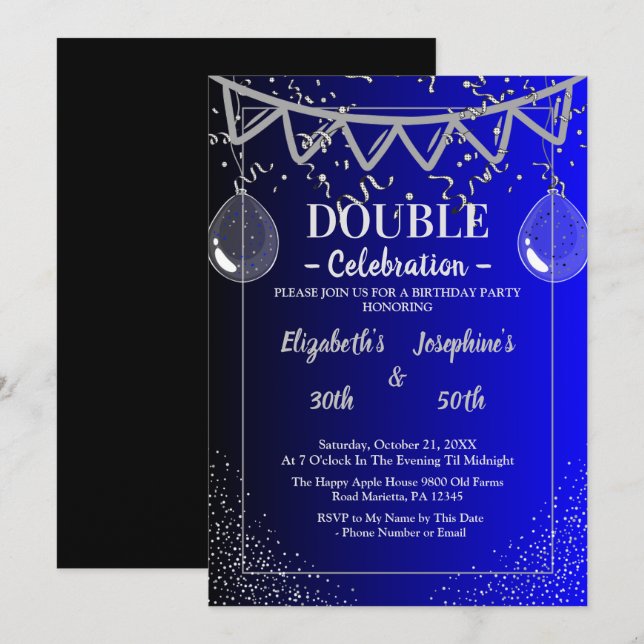 Invitation Double mixte adulte fête d'anniversaire | Argent b (Devant / Derrière)
