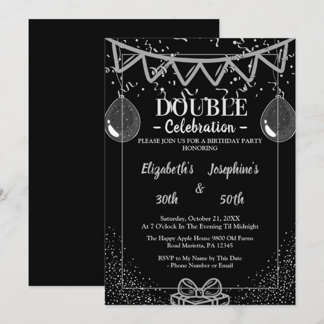 Invitation Double mixte adulte fête d'anniversaire | Argent n (Devant / Derrière)