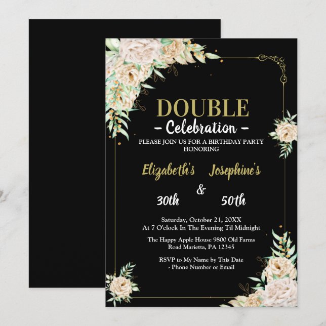 Invitation Double mixte adulte fête d'anniversaire |Floral tr (Devant / Derrière)
