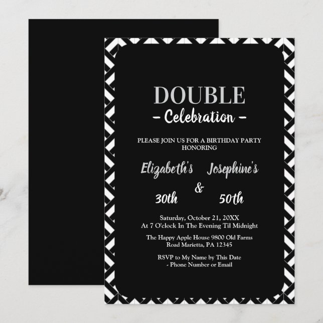 Invitation Double mixte adulte fête d'anniversaire noir blanc (Devant / Derrière)