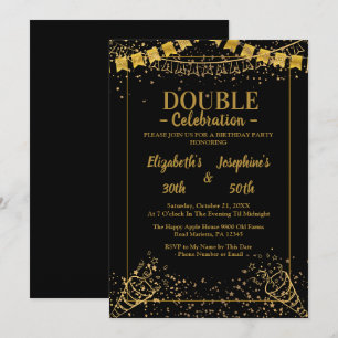 Invitation Double mixte adulte fête d'anniversaire Or noir