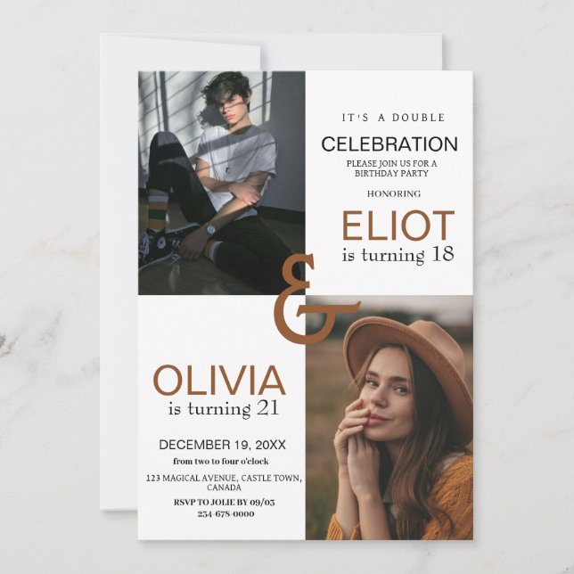 Invitation Double photo Anniversaire moderne blanc noir (Devant)