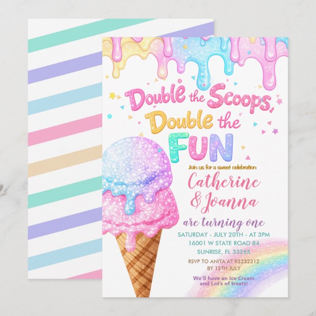 Invitation Double the Scoops Birthday ice Cream Glitter (Devant / Derrière)