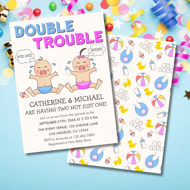 Invitation Double Trouble Twin Boy & Girl Baby shower (Créateur téléchargé)