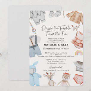 Invitation Double Trouble Twins Boy Girl Baby shower virtuel