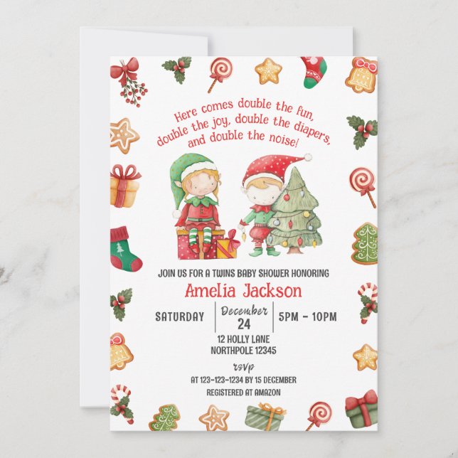 Invitation Doubler le plaisir, elfes Noël Twins Baby shower (Devant)