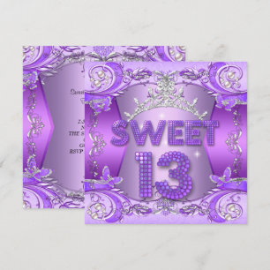 Invitation Douce 13 13e Anniversaire Fête Tiara Violet Argent