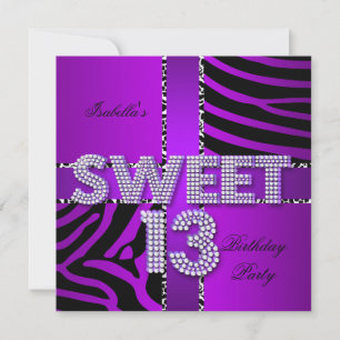 Invitation Douce 13 13e Anniversaire Zèbre Vache Violet Noir