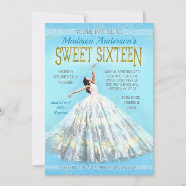 Invitation Douce 16 Anniversaire Robe d'aquarelle Royal Blue  (Devant)