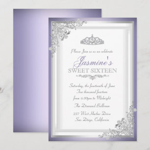 Invitation douce 16 ans Damassé Argent Violet & Ti