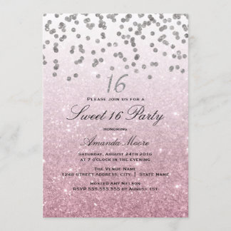 Invitation douce 16 ans paillettes rose confettis