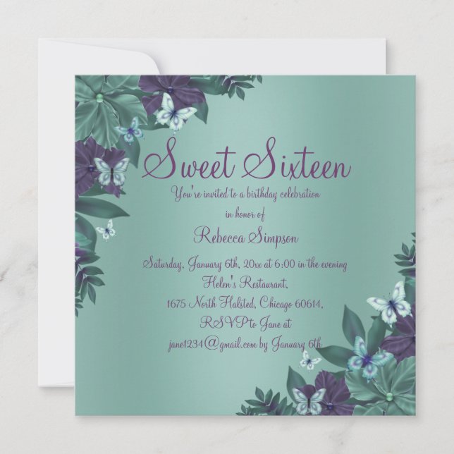Invitation douce 16 ans Papillon Violet & Vert (Devant)