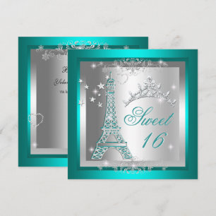 Invitation Douce 16 Douze Ans Turquoise Diadème Tour Eiffel