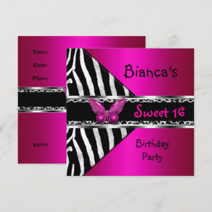 Invitation Douce 16 Fuchsia Rose Argent Noir Zèbre Léopard