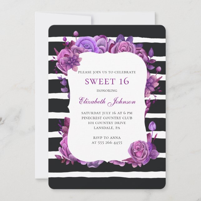 Invitation Douce 16 invitation. Fleurs violettes 16e annivers (Devant)