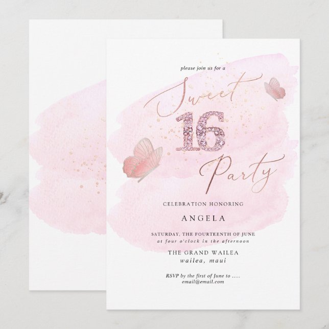Invitation Douce 16 Papillons Diamant Rose Aquarelle (Devant / Derrière)