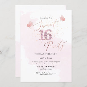 Invitation Douce 16 Papillons Diamant Rose Aquarelle Invit