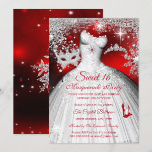 Invitation Douce 16 Rouge Princesse Mascarade Argent Fête