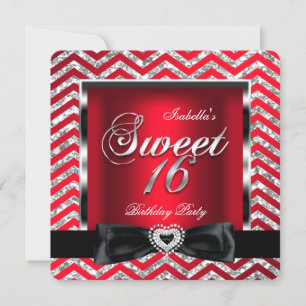 Invitation Douce 16 Royale Rouge Chevron Rayure Argent Noir