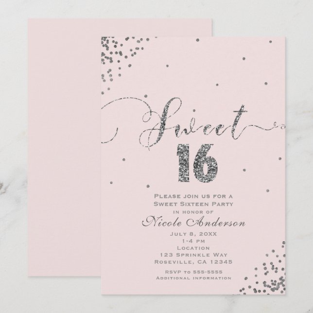 Invitation Douce 16 Seize Rose Pâle Argent Confetti Coin (Devant / Derrière)