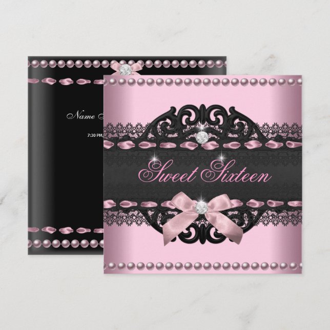 Invitation Douce 16 Sweet sixteen rose noir dentelle Bow (Devant / Derrière)