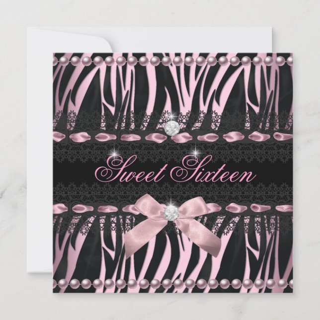 Invitation Douce 16 Sweet sixteen rose noir zèbre dentelle (Devant)