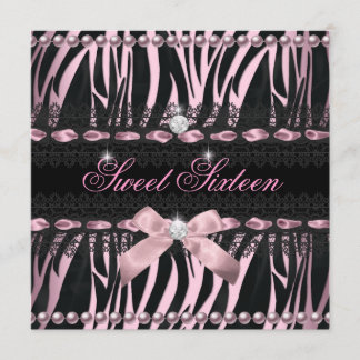 Invitation Douce 16 Sweet sixteen rose noir zèbre dentelle