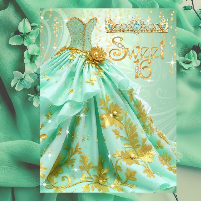 Invitation Douce 16e anniversaire Mint Green Gold robe (Créateur téléchargé)