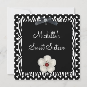 Invitation Douce 16e anniversaire noir blanc Zèbre Fleur tach