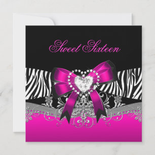 Invitation Douce Anniversaire 16 ans Fête Zèbre Rose Noir