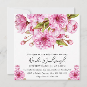 Invitation Douce aquarelle Fête bébé Fleurs de cerisier rose 