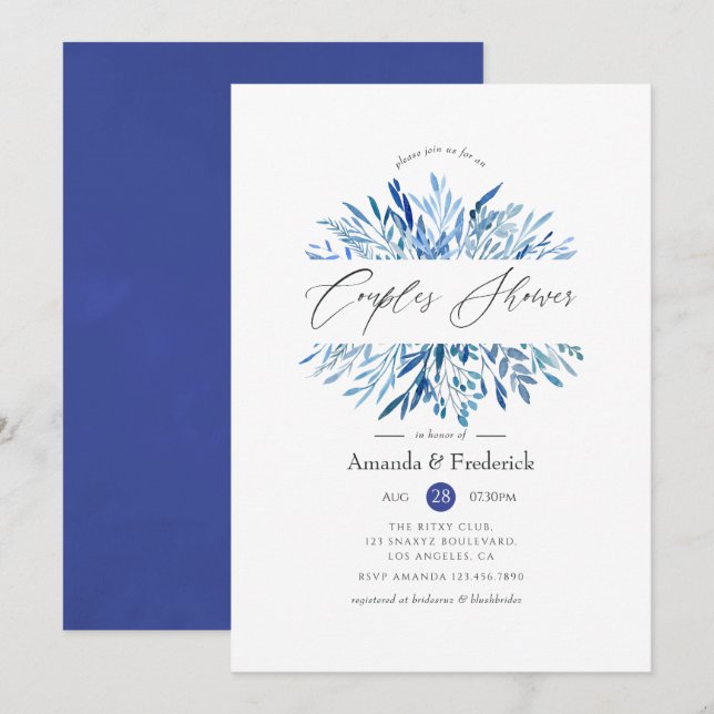 Invitation Douce Aquarelle Feuilles d'Indigo Bleu Marine pour (Devant / Derrière)