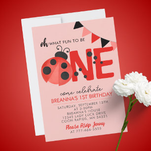 Invitation Douce aquarelle Ladybug 1er fête d'anniversaire