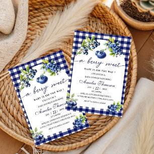 Invitation Douce Baby Shower à carreaux bleus aux fruits roug