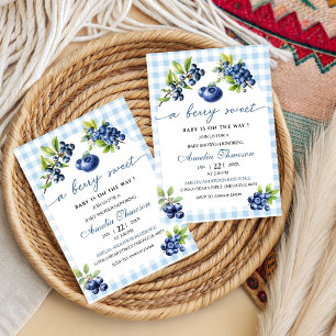 Invitation Douce Baby Shower à carreaux bleus aux fruits roug