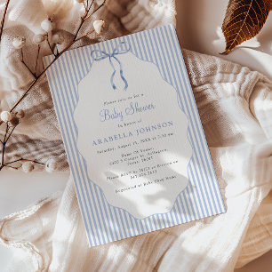 Invitation Douce Baby Shower Bleue à Rayures et Nœud