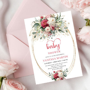 Invitation Douce Baby Shower Bohème Bourgogne Blanc Verdure