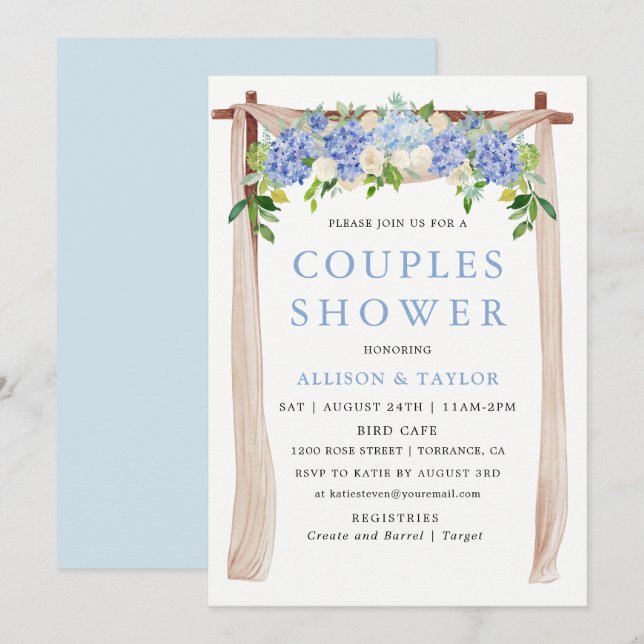 Invitation Douce Baby Shower Couple Hydrangea Aquarelle Bleue (Devant / Derrière)