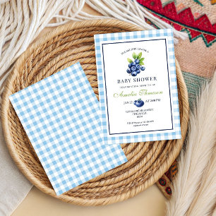 Invitation Douce Baby Shower Gingham Bleu aux Fruits Rouges