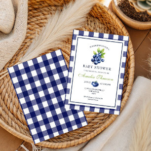 Invitation Douce Baby Shower Gingham Bleu aux Fruits Rouges