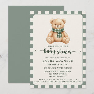 Invitation Douce Baby Shower Hiver Ours en Peluche à carreaux