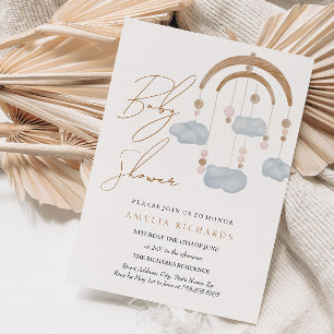 Invitation Douce Baby Shower Mobile Nuage Bleu Boho