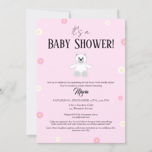 Invitation Douce Baby Shower Ours en Peluche Rose