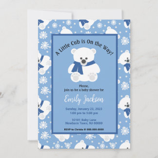 Invitation Douce Baby Shower Ours Polaire et Flocons de Neige