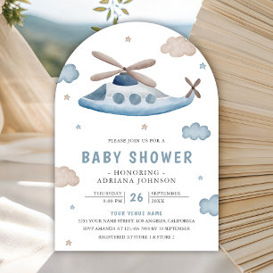 Invitation Douce Baby Shower Rétro Vintage Hélicoptère Bleu