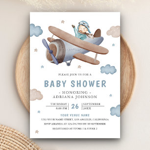 Invitation Douce Baby Shower Vintage Rétro Avion Bleu Pilote